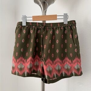 BONGO Olive and Coral Patterned High Waist Drawstring Shorts